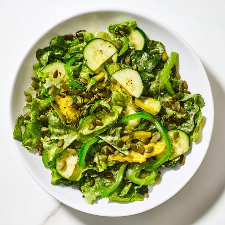 Freshly tossed Glowing Green Salad featuring celery, bell pepper, and zucchini on a bed of mixed greens with dressing.  