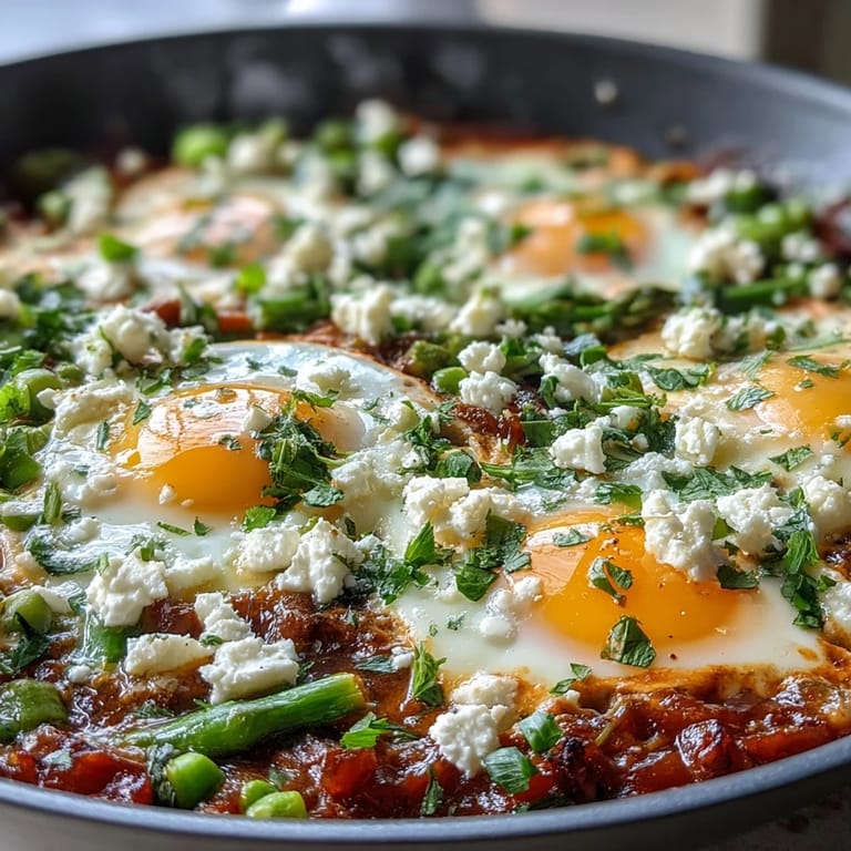 Hearty Pea and Broad Bean Shakshuka served in a rustic skillet, garnished with fresh herbs and crumbled feta, perfect for a spring brunch with crusty bread.