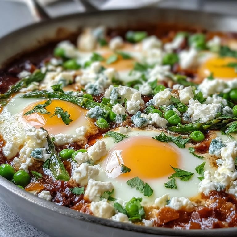 Vibrant Pea and Broad Bean Shakshuka featuring golden runny yolks nestled in a spiced tomato sauce with green peas and broad beans, ready to be scooped up.