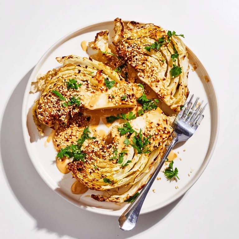 Golden-brown roasted cabbage wedges served warm, lightly crisped at the edges and topped with a nutty, lemony tahini drizzle.