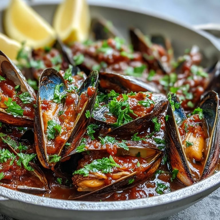 Tender Smoky Mussels Pomodoro served in a rustic bowl, garnished with chopped parsley and lemon wedges beside crusty bread.