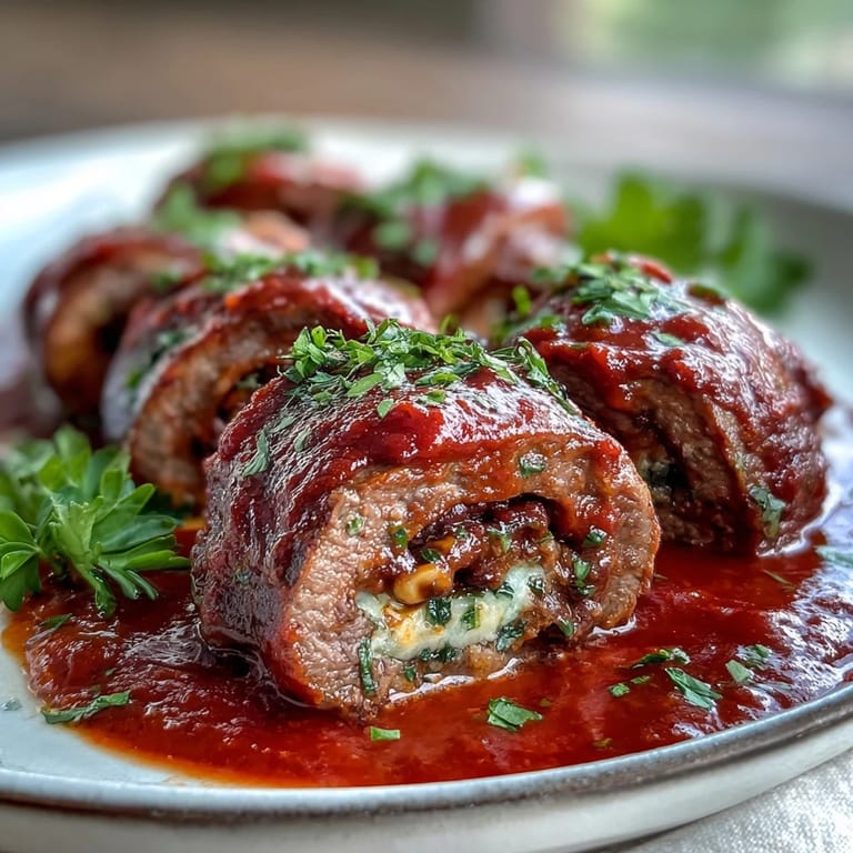 Sliced Sicilian-Style Braciole served over tender pasta, generously spooned with chunky tomato sauce and fresh basil garnish.
