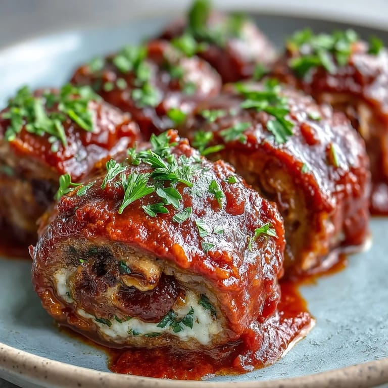 Platter of tender Sicilian-Style Braciole, filled with pecorino and pine nuts, presented alongside crusty bread and red wine.