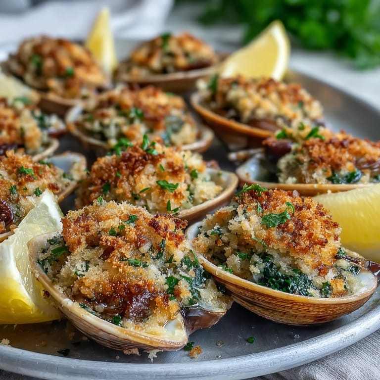 Fresh roasted clams with lemony panko and garlic, garnished with lemon wedges on a rustic plate for an elegant appetizer.