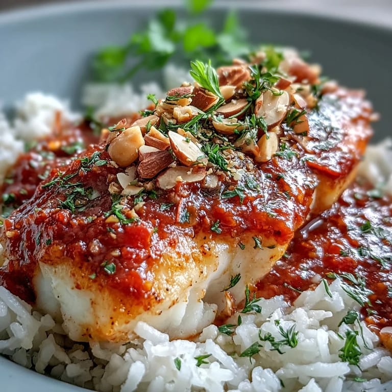 Close-up of the zesty tomato-roasted cod with spiced almonds, garnished with parsley and bright lemon wedges.
