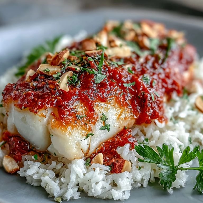 A vibrant Mediterranean platter of tender tomato-roasted cod, aromatic ginger rice, and golden spiced almonds.