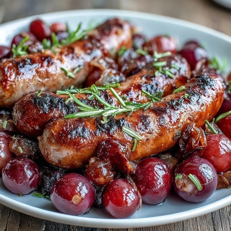Caramelized roasted sausage and grapes served over creamy polenta, drizzled with pan juices for a savory-sweet family dinner.