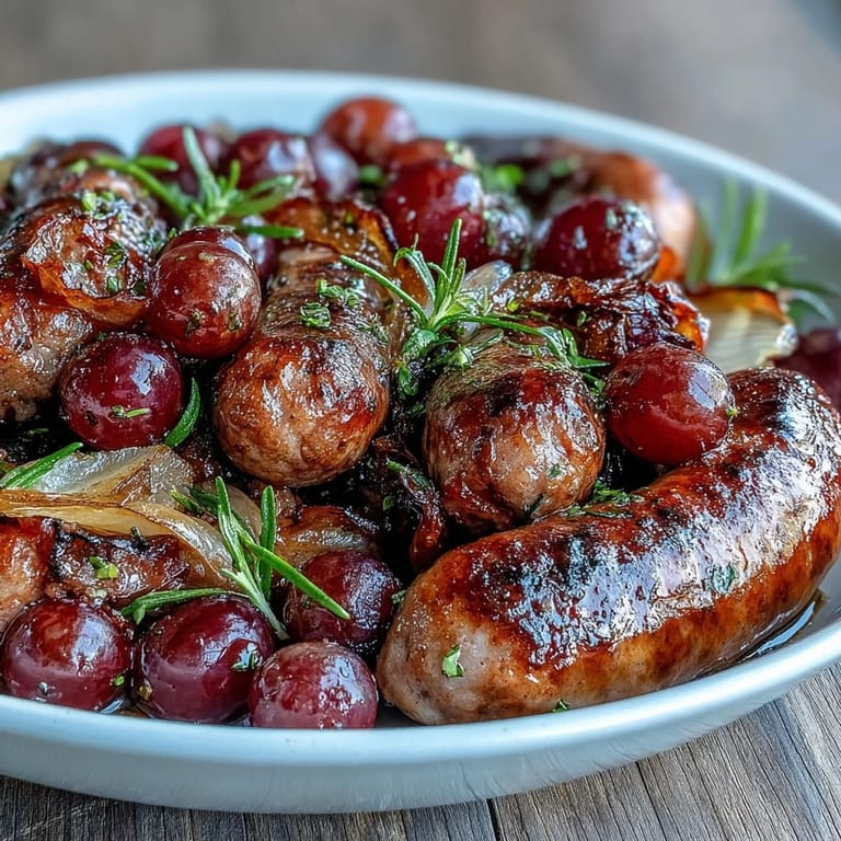 Freshly roasted sausage and grapes with crispy onions and rosemary on a serving platter, ready to be enjoyed with crusty bread.