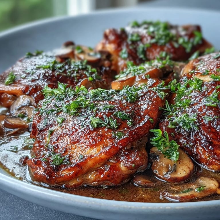 Close-up of Coq au Vin Rosé, showing succulent chicken and carrots in a glossy, herb-flecked sauce.