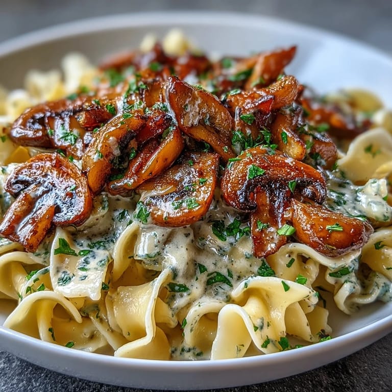 A skillet of Creamy Mushroom Stroganoff with sautéed mushrooms in a rich, tangy sauce, ready to be tossed with pasta for a weeknight meal.