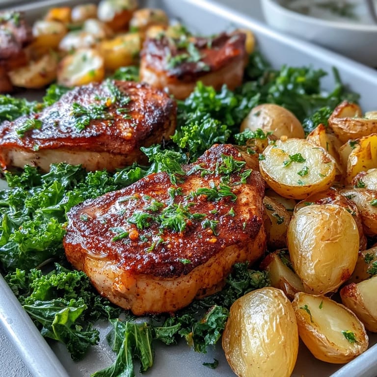 Juicy Aleppo Pork Chops marinated with smoky paprika, served alongside tender greens and potatoes.