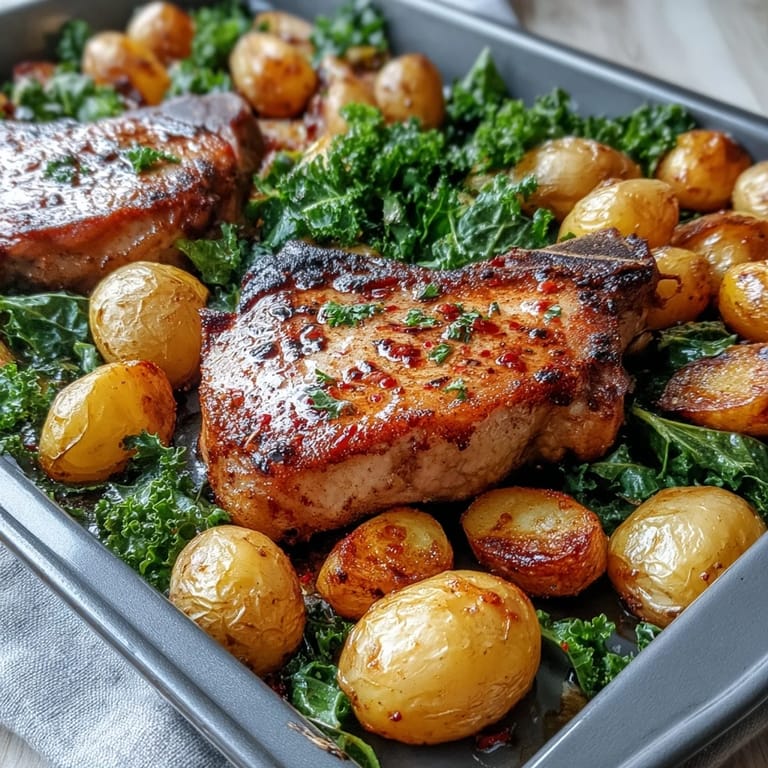 Roasted Aleppo Pork Chops, golden potatoes, and wilted kale on a rustic dinner platter.