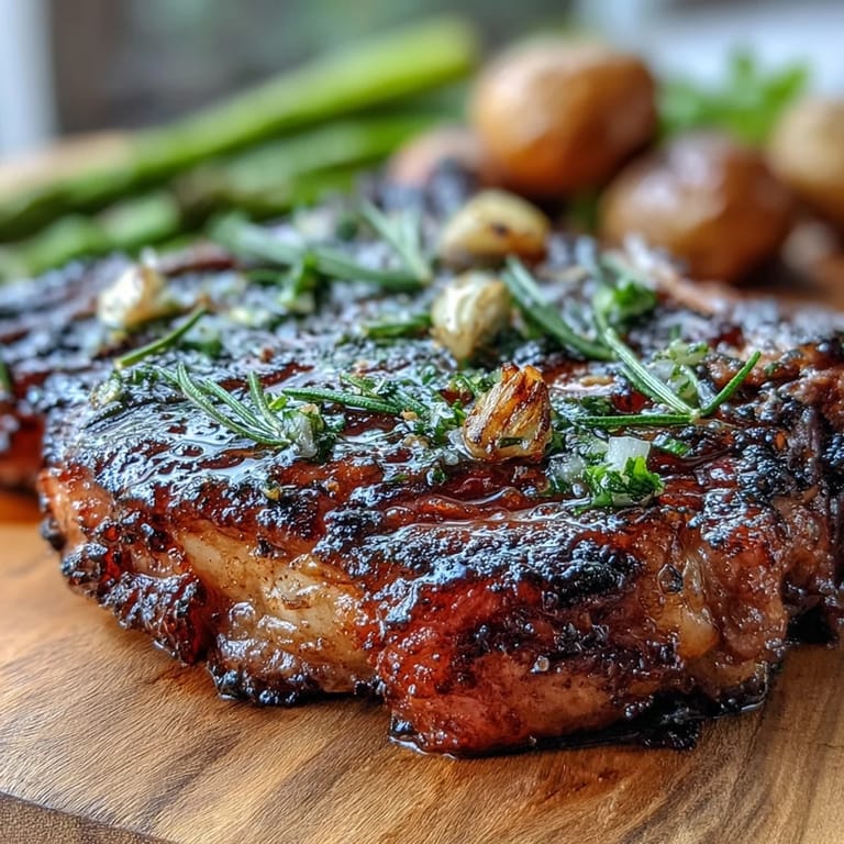 A sizzling bone-in rib eye steak fresh off the grill, topped with rosemary and garlic, plated with lemon wedges.