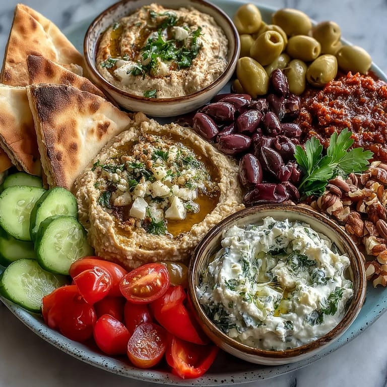Vibrant Mediterranean Brunch Board featuring tangy tzatziki, feta, and nuts arranged on a rustic wooden platter.