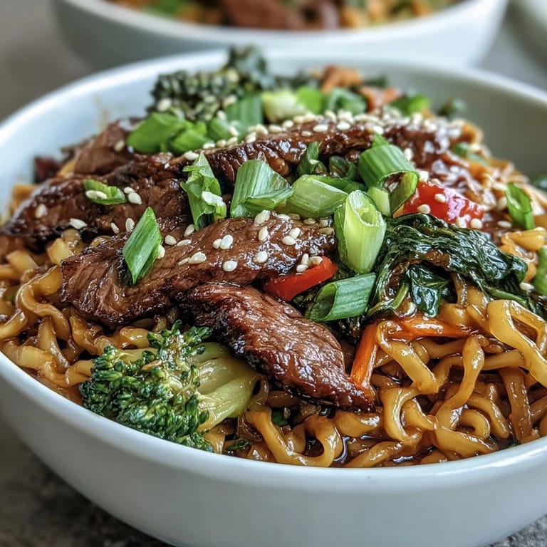 Glossy soy-brown sugar sauce coats tender rice noodles and beef in an aromatic garlic-ginger skillet, ready to serve steaming hot.