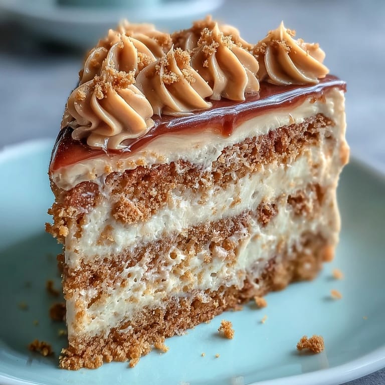 Freshly baked Decadent Baked Biscoff Cake with a drizzle of Lotus spread on a rustic wooden table.