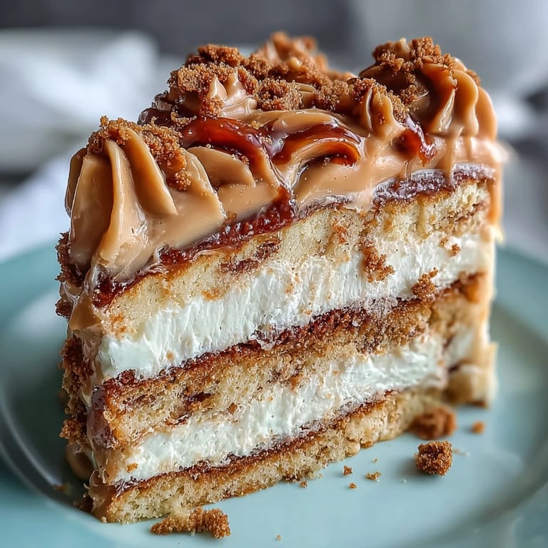 Serving of Decadent Baked Biscoff Cake with creamy frosting and a hot cup of coffee on the side.
