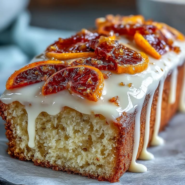 A loaf of Heavenly Blood Orange Yogurt Cake with vibrant orange zest icing, ready to be served with coffee for dessert.