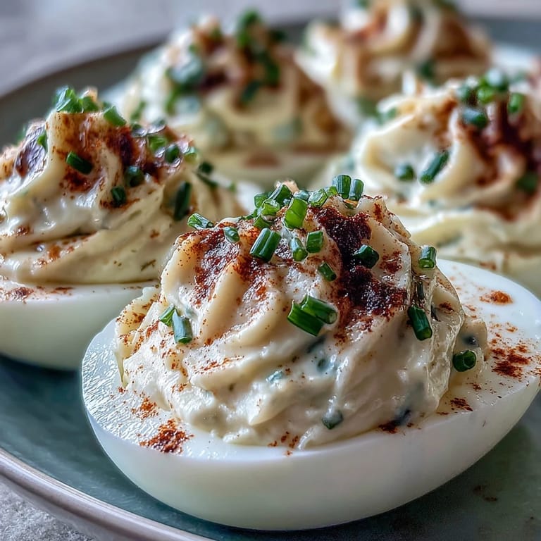 Two halved Million Dollar Deviled Eggs showing rich yolk mixture and smooth whites.