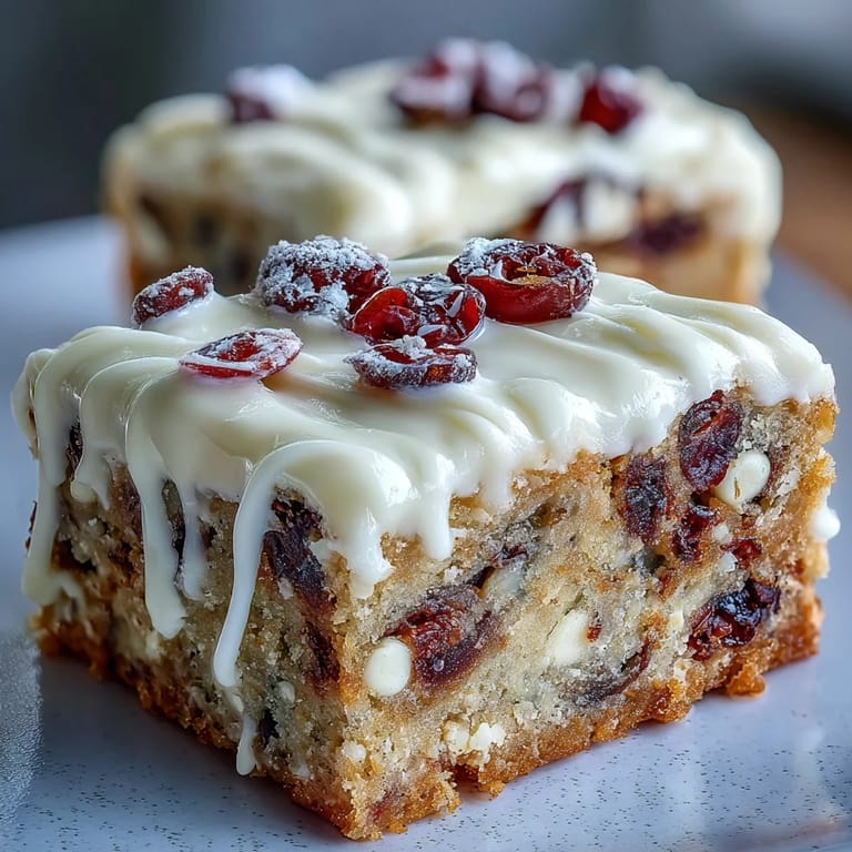 Freshly baked Cranberry Bliss Bars on parchment, showing a moist, buttery base with white chocolate chips and orange zest frosting.