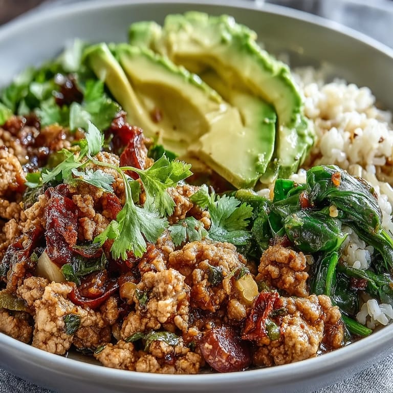 This healthy Ground Turkey Bowl showcases sautéed ground turkey, vibrant roasted vegetables, and hearty whole grains, garnished with lime wedges for a zesty finish.