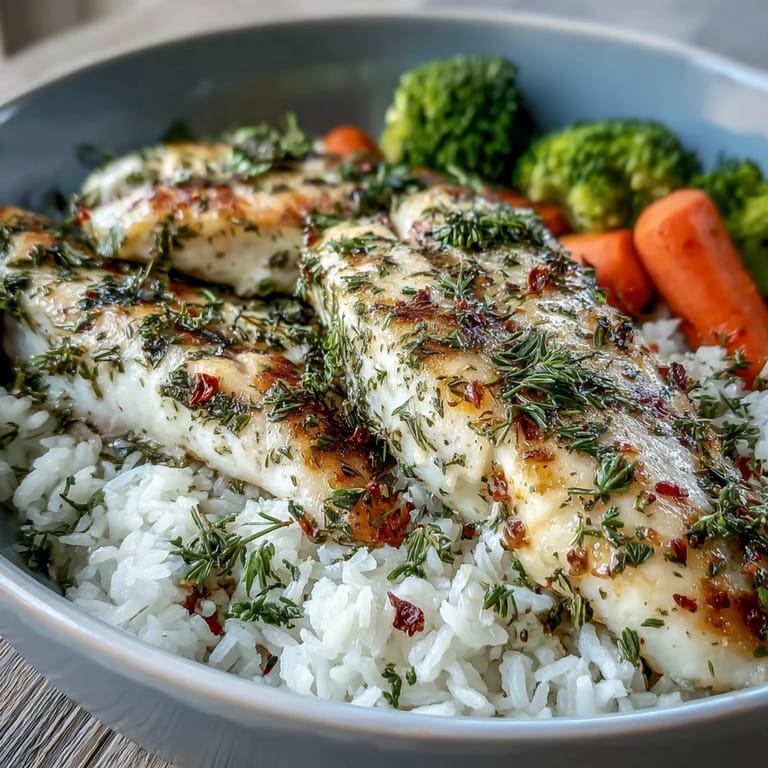 A close-up view of a freshly baked tilapia fillet seasoned with herbs, served alongside tender rice and crisp steamed vegetables.