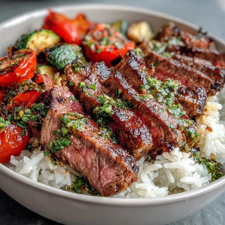 Vivid overhead view of a Grilled Steak Bowl with colorful roasted veggies, sliced steak, and fresh parsley flecks on fluffy rice.