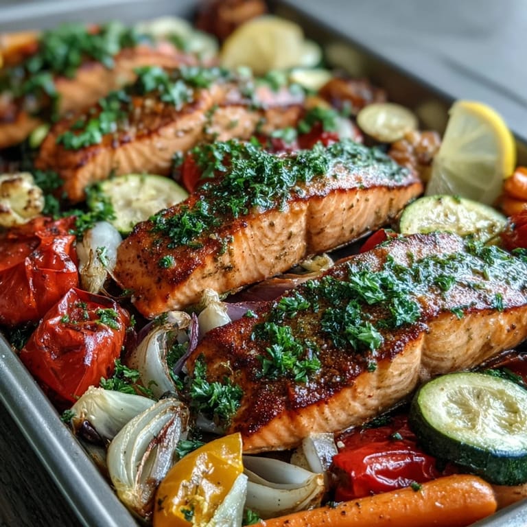 Crispy caramelized vegetables and tender flaky salmon fill a sheet pan for this Sheet Pan Salmon and Veggies Bowl. Garnished with lemon zest and parsley, this gluten-free main dish is perfect for a quick, flavorful meal.