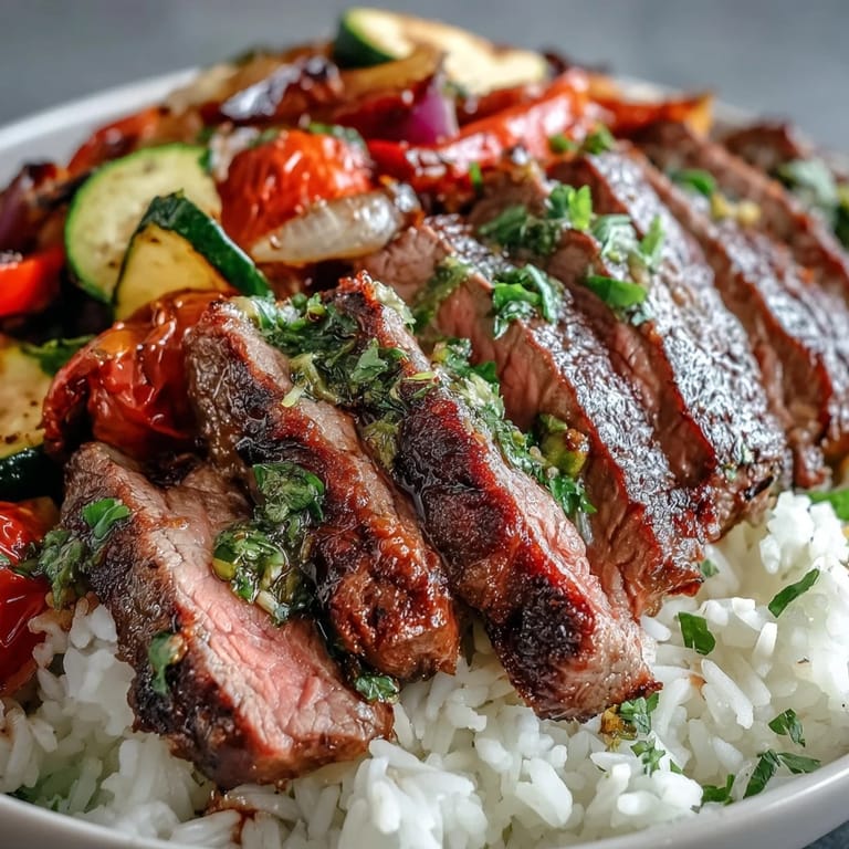 A close look at the Sheet Pan Steak and Veggie Bowl showing tender steak, caramelized cherry tomatoes, and herbs, ready to enjoy for dinner.