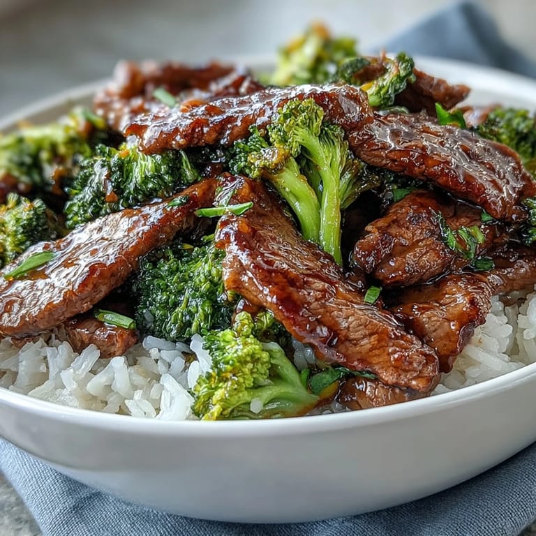 A hearty, dairy-free beef and broccoli bowl with saucy beef, white rice, and sesame seeds, ready to serve.
