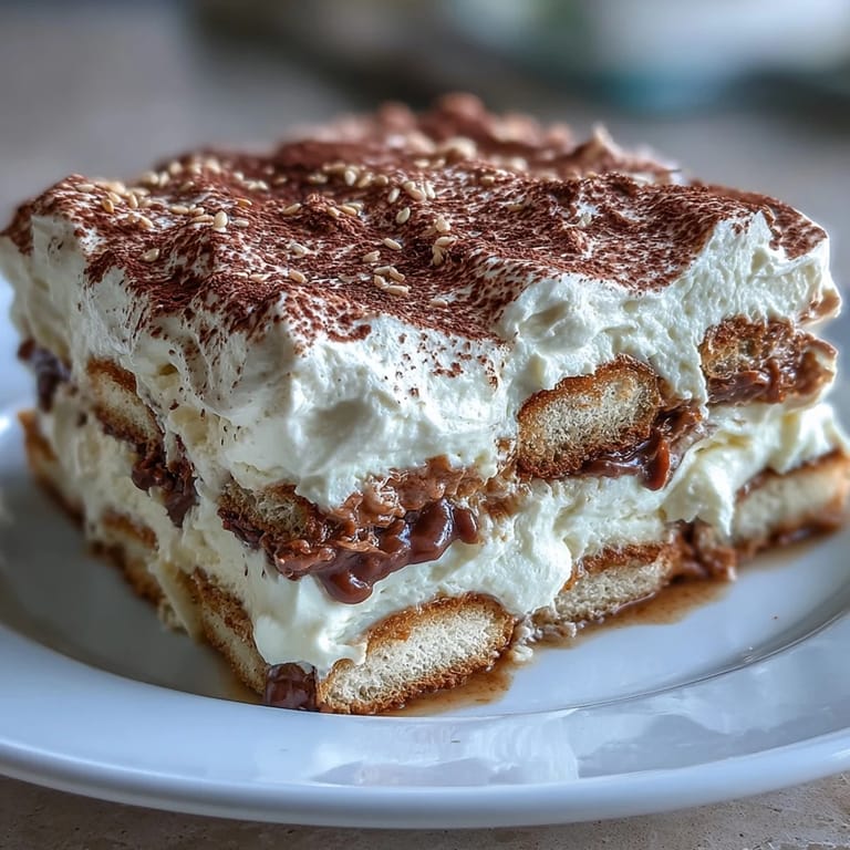Ready-to-serve Hojicha Tiramisu dusted with cocoa, garnished with hojicha powder and a fork on a rustic table.