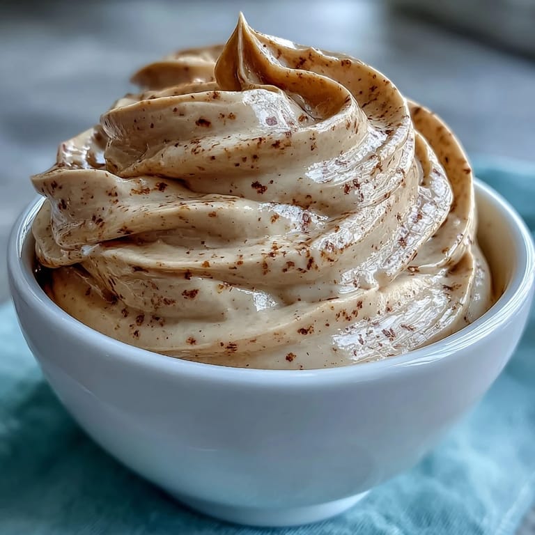 A spoon lifting smooth Hojicha Pastry Cream from a ceramic bowl, showing off its warm, roasted tea color.
