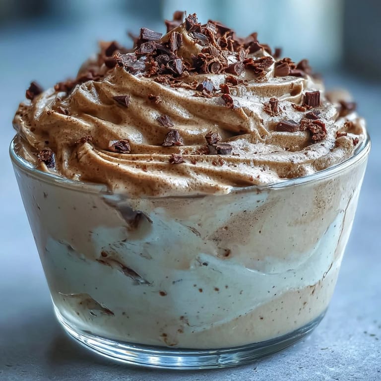 Delicate roasted tea mousse garnished with cocoa nibs, ready to serve.