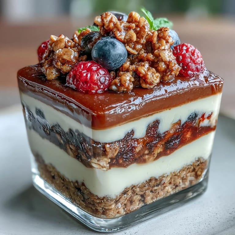 Hojicha Panna Cotta Parfait with roasted tea cream, raspberries, and granola for a sweet treat.