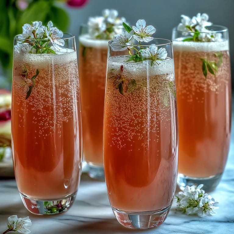 The Elderflower Guava Mimosa cocktail combines blush-pink guava nectar, elderflower liqueur, and crisp champagne bubbles in a frosted flute.