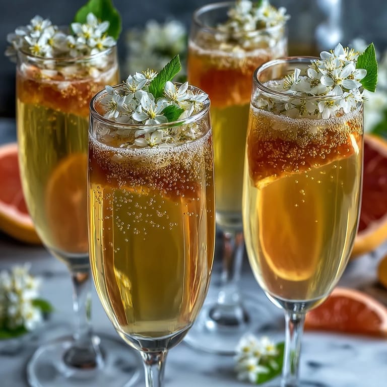 Garnished with edible flowers, the Elderflower Guava Mimosa is served alongside sliced guava for a vibrant tropical brunch spread.