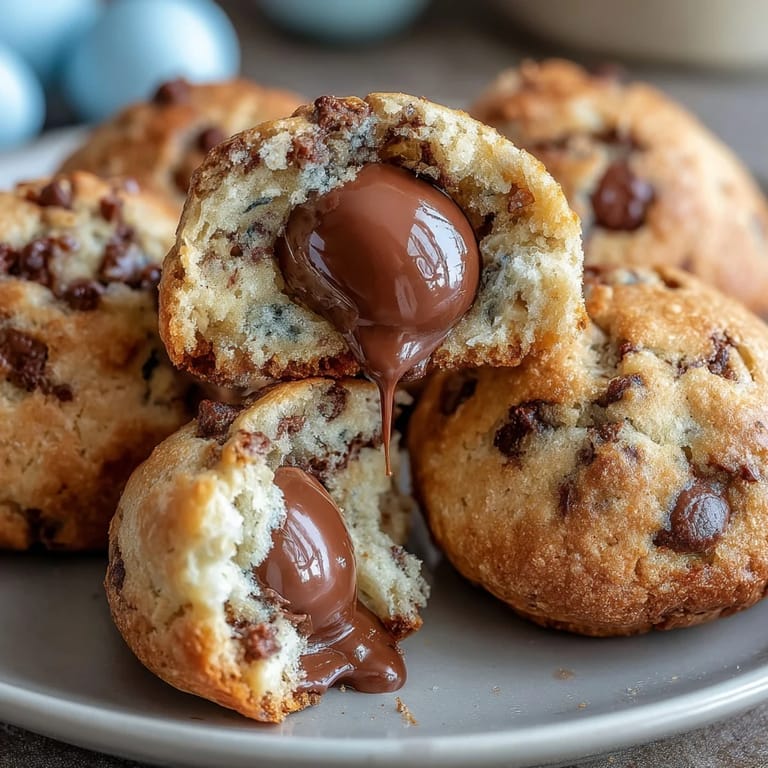 Warm Cadbury Egg chocolate chip cookies on a cooling rack, each with a melted candy center oozing from the dough.