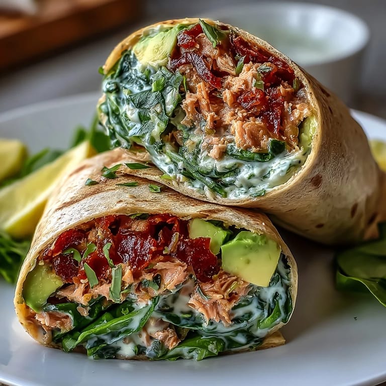Creamy avocado and flaky tuna filling wrapped in soft whole wheat tortillas for a protein-packed meal.  