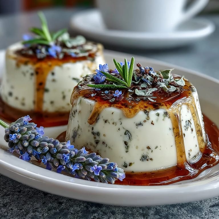 Creamy panna cotta infused with lavender and honey, garnished with fresh berries for a vibrant dessert.