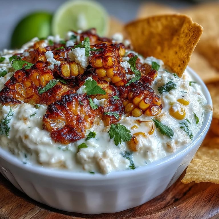 Spicy Mexican elote dip featuring tangy lime, jalapeño, and cotija, perfect for scooping with warm tortilla chips.