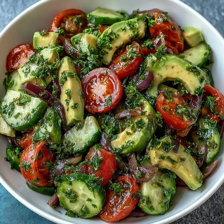 Healthy vegetarian cucumber tomato avocado salad with zesty lemon dressing, perfect for light lunches or sides.