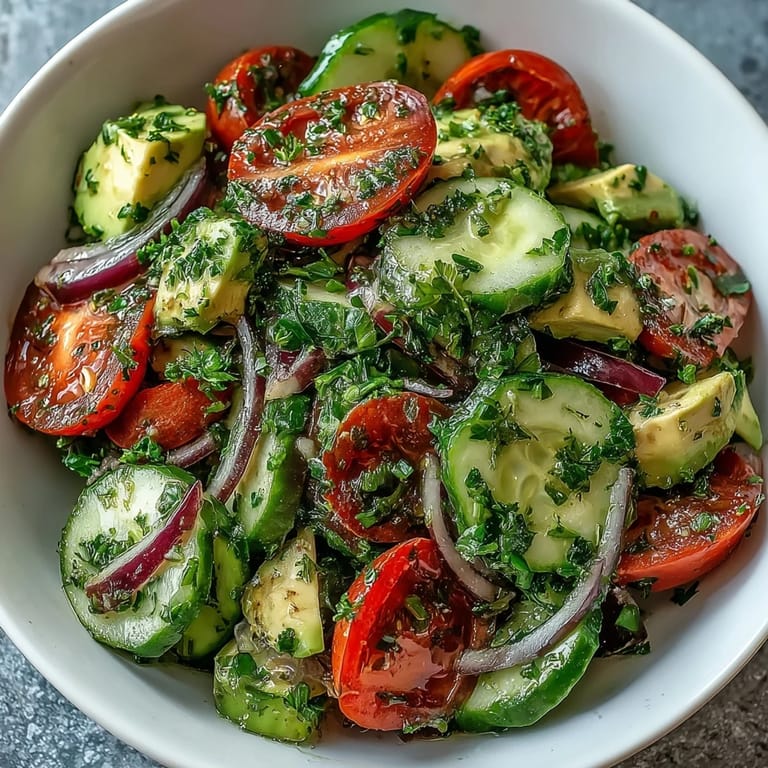 Refreshing summer salad featuring crisp cucumbers, juicy tomatoes, and rich avocado in tangy lemon dressing.  