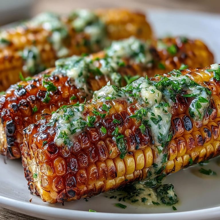 Juicy corn on the cob, wrapped in foil and infused with garlic herb butter, perfect for BBQ.  