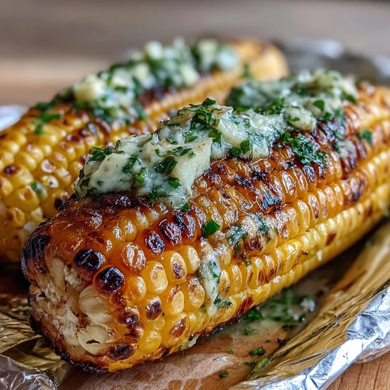 Tender BBQ corn in foil, topped with melted herb butter and fresh parsley, a classic American side.