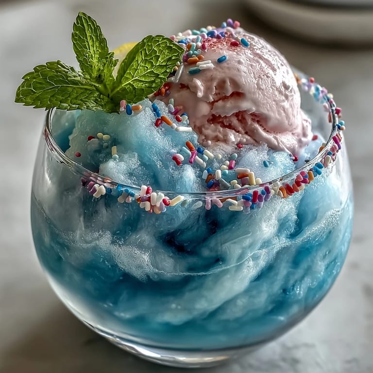 Refreshing cotton candy lemonade float with swirls of sweet vanilla ice cream, served in a sprinkle-rimmed glass with fresh mint.