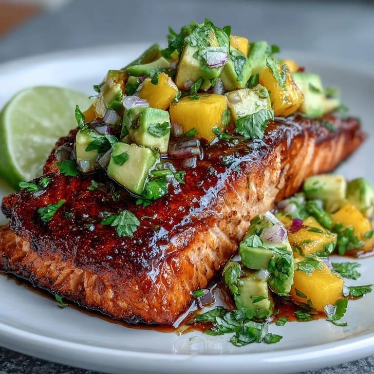 Oven-baked salmon with zesty mango avocado salsa, served with fresh herbs and lime wedges.  
