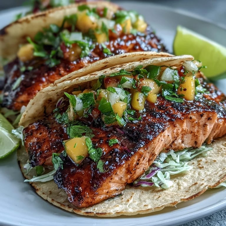 Vibrant grilled salmon tacos topped with fresh mango salsa and red cabbage for a colorful summer meal.  