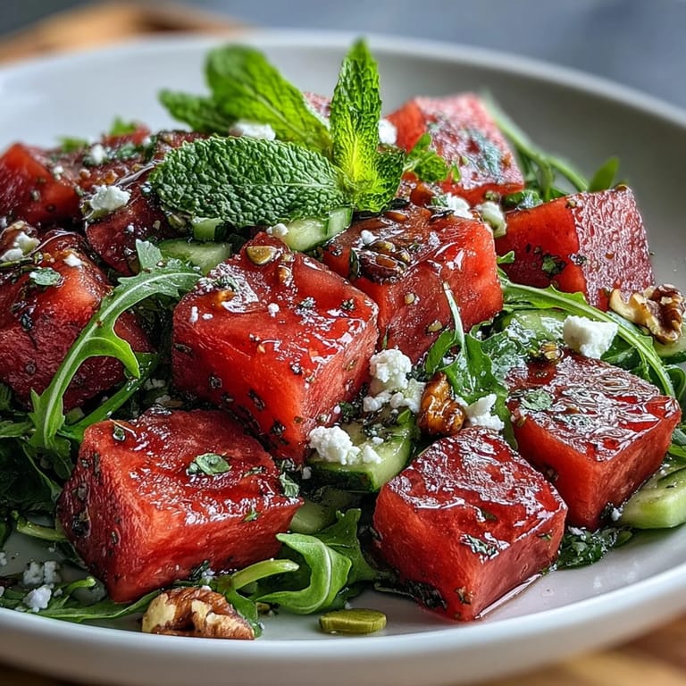 Juicy watermelon cubes, peppery arugula, and creamy feta tossed with mint in a zesty lime dressing—light and refreshing.