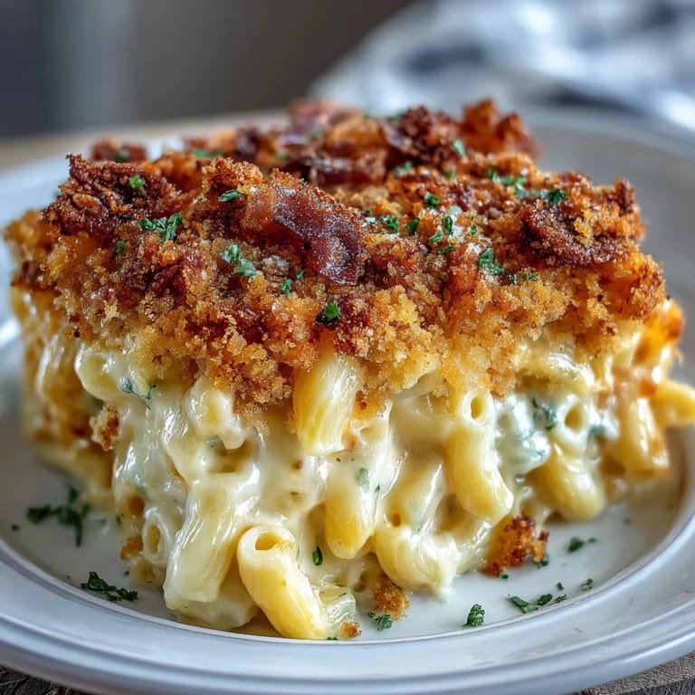 A bubbling casserole of rich, cheesy macaroni topped with buttery breadcrumbs, ideal for festive family meals.  
