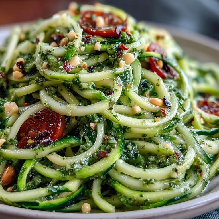 Crisp spiralized zucchini coated in fragrant homemade pesto and topped with halved cherry tomatoes.  